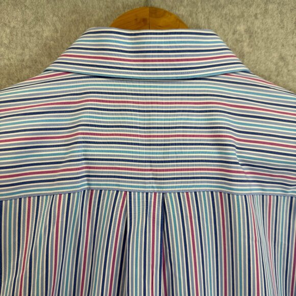 Peter Millar Mens Size Large Blue Pink Striped Button Front Shirt Collared LS - Picture 8 of 15